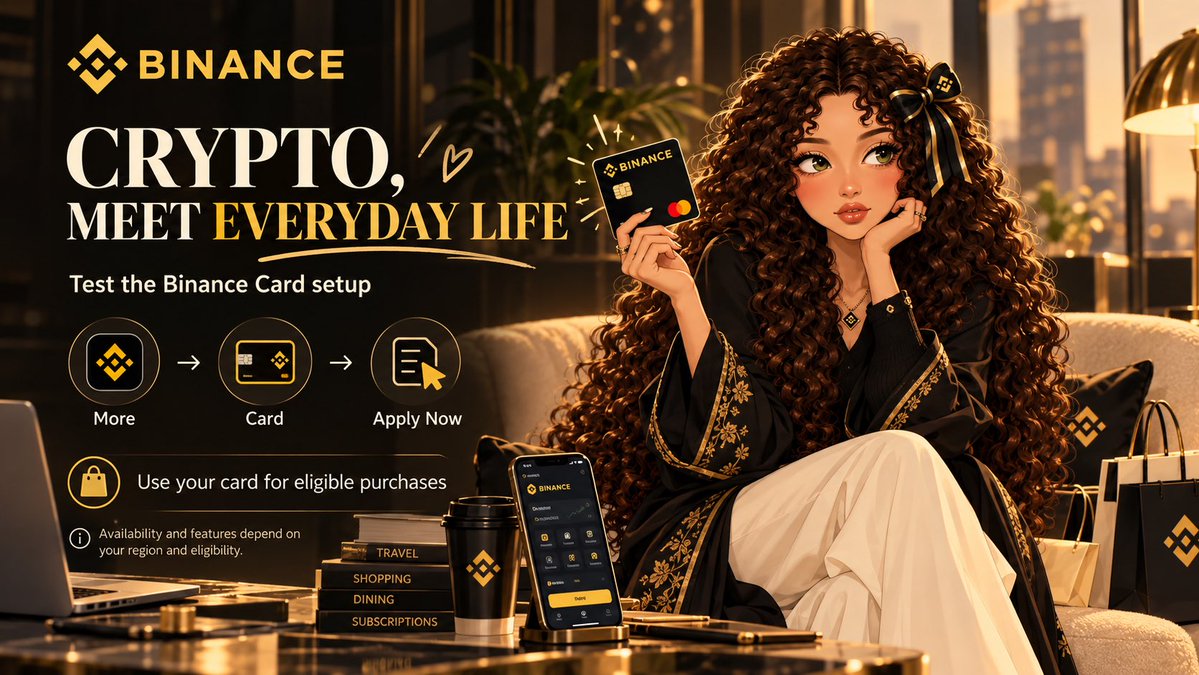 jasmineleee_'s tweet photo. I’ve always wondered how close crypto is to becoming part of normal daily life, so I decided to test the Binance Card setup myself.

It starts right inside the Binance app:

More → Card → Apply Now → complete the setup.

After approval, the virtual card is available and can be connected to a supported wallet for eligible purchases.

What makes this interesting is the shift from simply holding crypto to actually using it in everyday situations.

Now comes the real test making an actual purchase and seeing how smoothly the payment goes.

Availability and features depend on your region and eligibility.

#Binance  #BinanceAcademy #LearnWithBinance #BinanceCard