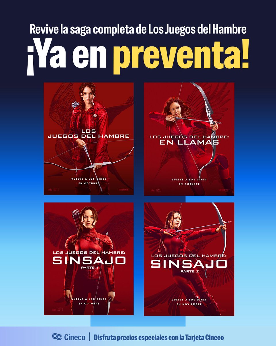 Cine_Colombia's tweet photo. Volvemos a Panem. 🏹🔥
🎟️ La saga completa de Los Juegos del Hambre ya está en preventa en Cine Colombia.
Consulta los términos y condiciones de la Tarjeta Cineco aquí: https://t.co/3xUlyaoh1r
#LosJuegosDelHambre #EnLlamas #Sinsajo #CineColombia https://t.co/IdeCGaUFZf