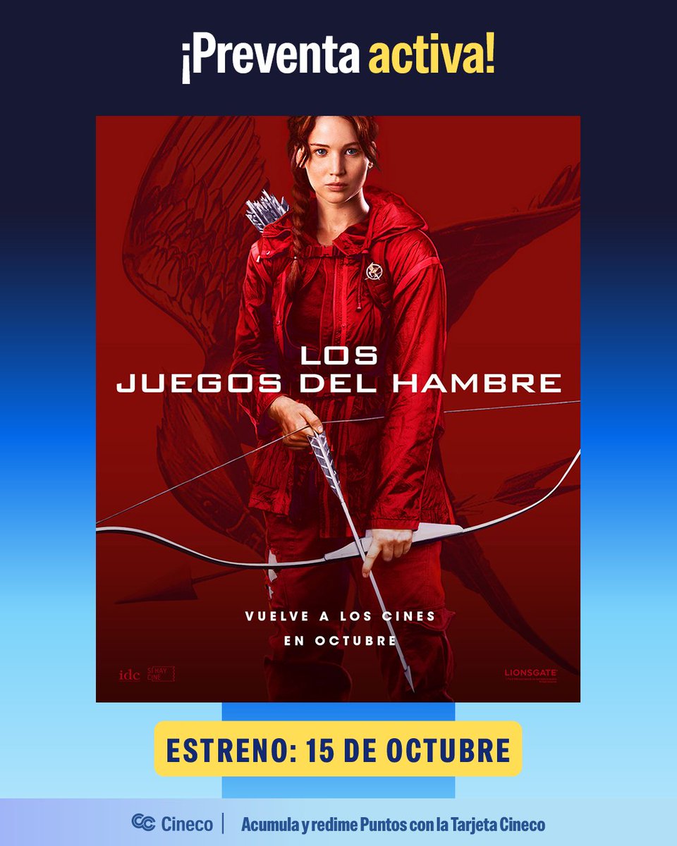 Cine_Colombia's tweet photo. Volvemos a Panem. 🏹🔥
🎟️ La saga completa de Los Juegos del Hambre ya está en preventa en Cine Colombia.
Consulta los términos y condiciones de la Tarjeta Cineco aquí: https://t.co/3xUlyaoh1r
#LosJuegosDelHambre #EnLlamas #Sinsajo #CineColombia https://t.co/IdeCGaUFZf