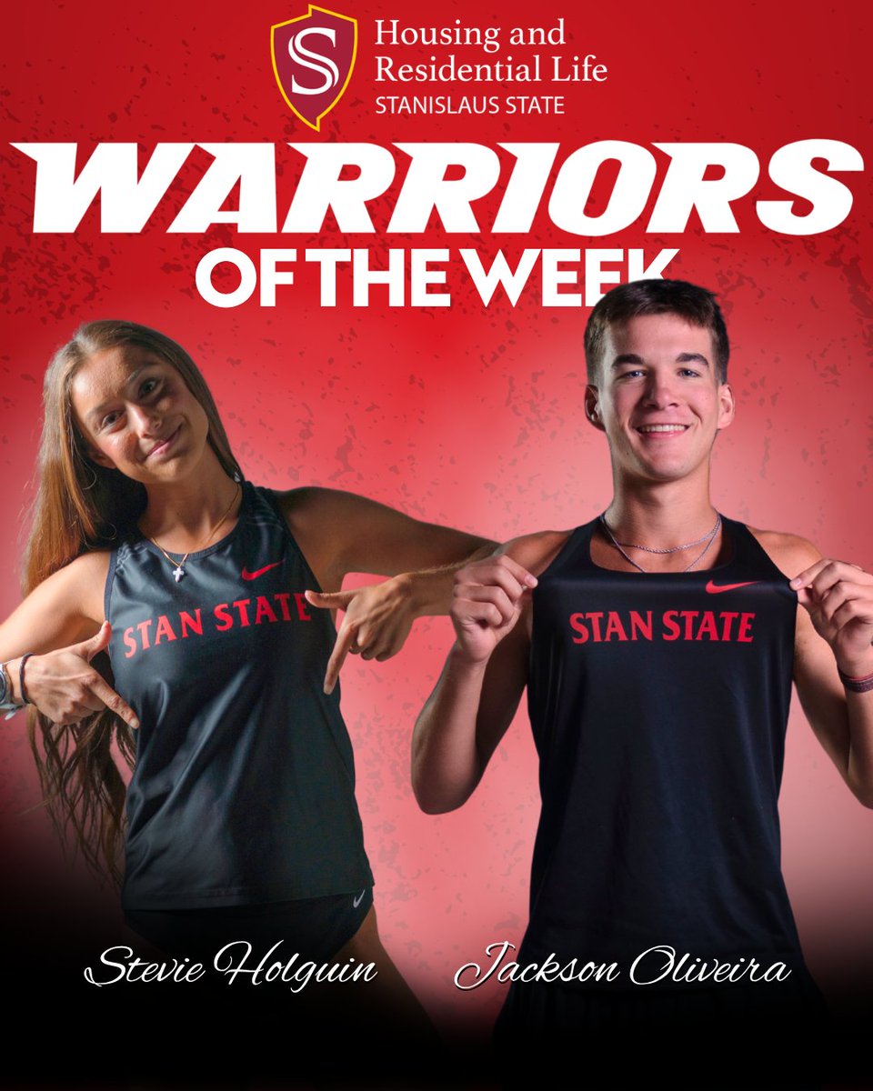 GoStanState's tweet photo. WARRIORS OF THE WEEK, XC EDITION. 🏃‍♀️🏃‍♂️⚔️

Jackson Oliveira 🤝 Stevie Holguin

🏃‍♂️ Jackson: 2nd overall | Top collegiate finisher | 24:05.5
🏃‍♀️ Stevie: Kim Duyst Twilight champion | 20:41.4 🥇

A pair of standout performances at the Kim Duyst Twilight earn Oliveira and Holguin this week’s Stan State Housing and Residential Life Warriors of the Week honors!

#ValleyTough