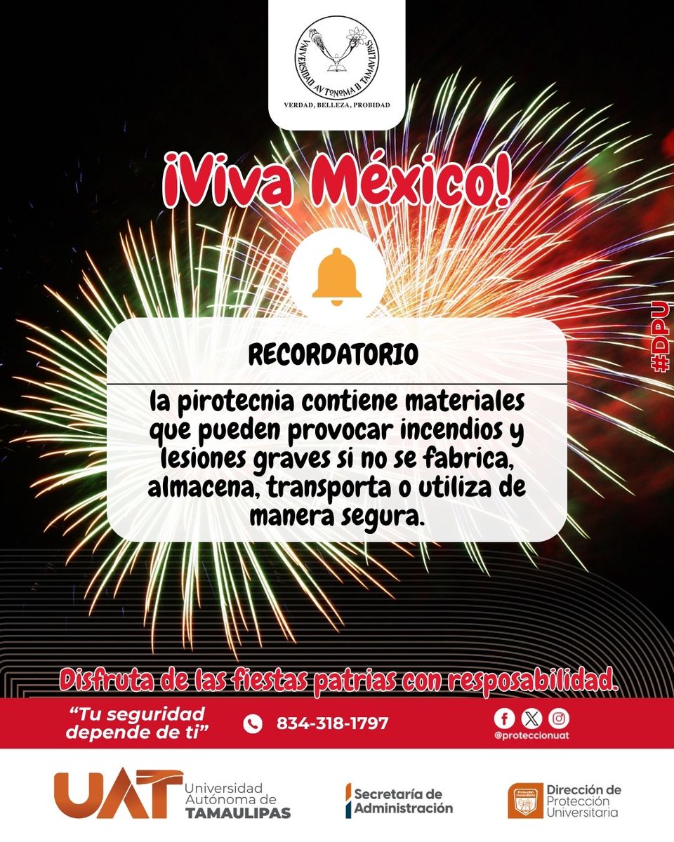 ProteccionUAT's tweet photo. Festeja con alegría, celebra con seguridad.
--
#UAT #DPU #FamiliaUAT #Tamaulipas #COEPRA #EnLaEscuelaNosCuidamos #CENAPRED https://t.co/yDgtHnclgY