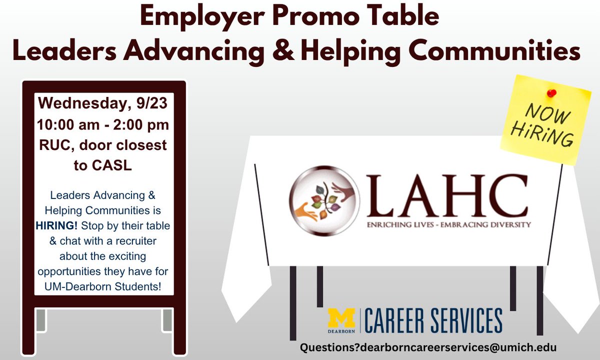UMDearborn_CS's tweet photo. 👋 LAHC is hiring! Stop by their Employer Promo Table to meet a recruiter, learn about the organization, and explore opportunities for UM-Dearborn students.

📅 Sept. 23 | 10 AM–2 PM
📍 RUC — Door Closest to CASL https://t.co/4DZVmIexPY
