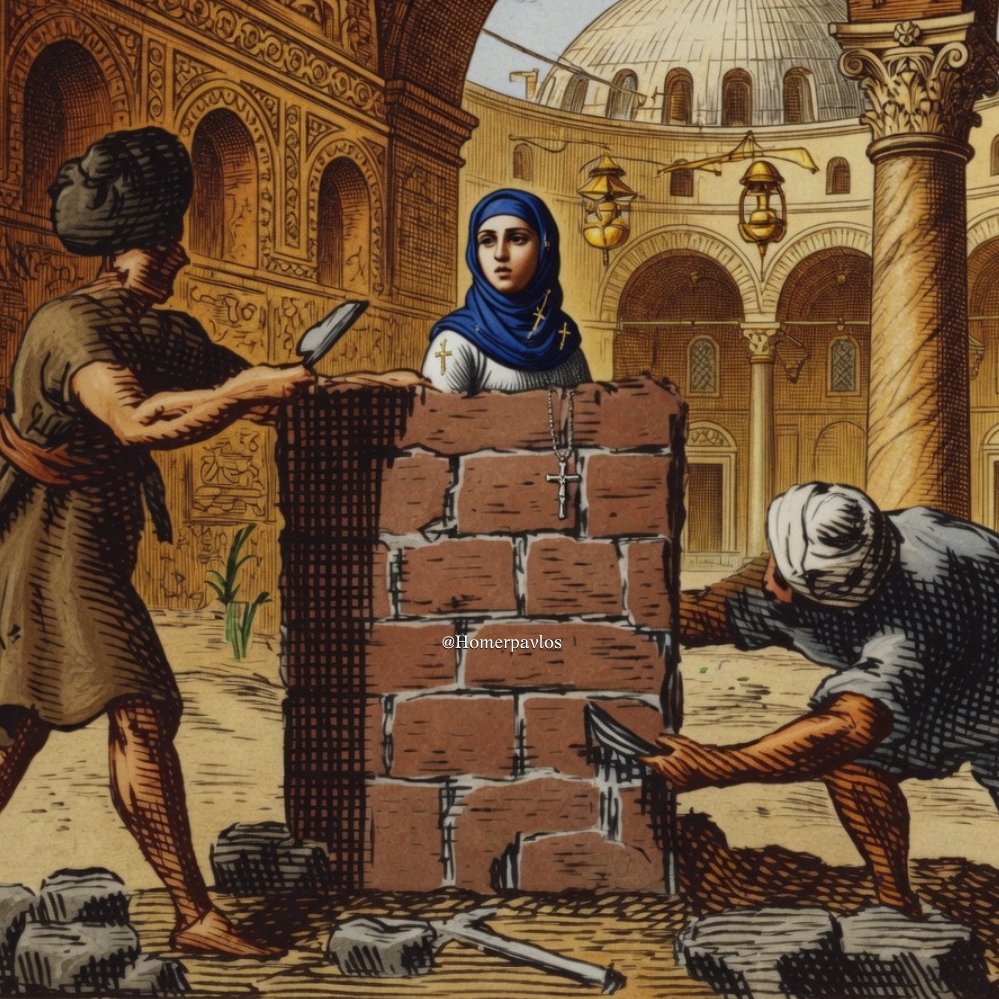 HomerPavlos's tweet photo. In 1822, Muslim Turks captured two Greek Christian women in Naousa and attempted to force them to convert to Islam. They smeared them with honey on the head and tied them exposed, so as to receive the stings of wasps and of passersby.

The first woman, wife of captain Zafeirakis, was then built into the wall up to the neck in the church of Hagia Sophia in Thessaloniki. She was left there for days for the entertainment of the wild mob that went there cursing and hitting her head with sticks as it protruded from the wall. She did not back down for a moment, strengthened until her last breath by prayer, and she never abandoned her Christian faith. Her martyrdom lasted five days. A passing gypsy woman, to hasten her end, threw a large stone at her, and thus the blessed one delivered her heroic soul into the hands of God, Whom she did not deny.  

The other woman, Maria, refused to change her faith, and for this Ebub Lubut enclosed her in a sack with deadly snakes, where she was martyred.    

The historian Eustathios Stougiannakis writes:   

"The acute venom diffused into the veins of the martyr from the bites, however, killed her in sweet lethargy, praying until the last moment for her executioners and invoking the Most High and the Virgin."    

And Pouqueville describes in the darkest colors to the civilized world the dramatic scenes he saw with his own eyes there:   

"Many women naked were put up to the neck in sacks with cats, snakes, and mice…"  

The lifeless bodies of these holy women were eventually thrown into the sea.  

These events took place during the Naousa massacre.   

13 April 1822  

409 Greeks killed and over 400 enslaved.  

Homer Pavlos
