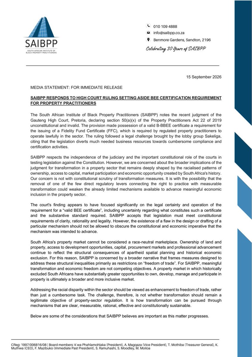 saibpp's tweet photo. MEDIA STATEMENT🚨

SAIBPP is concerned by the High Court ruling setting aside the B-BBEE certification requirement linked to Fidelity Fund Certificates.

FULL STATEMENT⬇️ https://t.co/26tFKiec0q