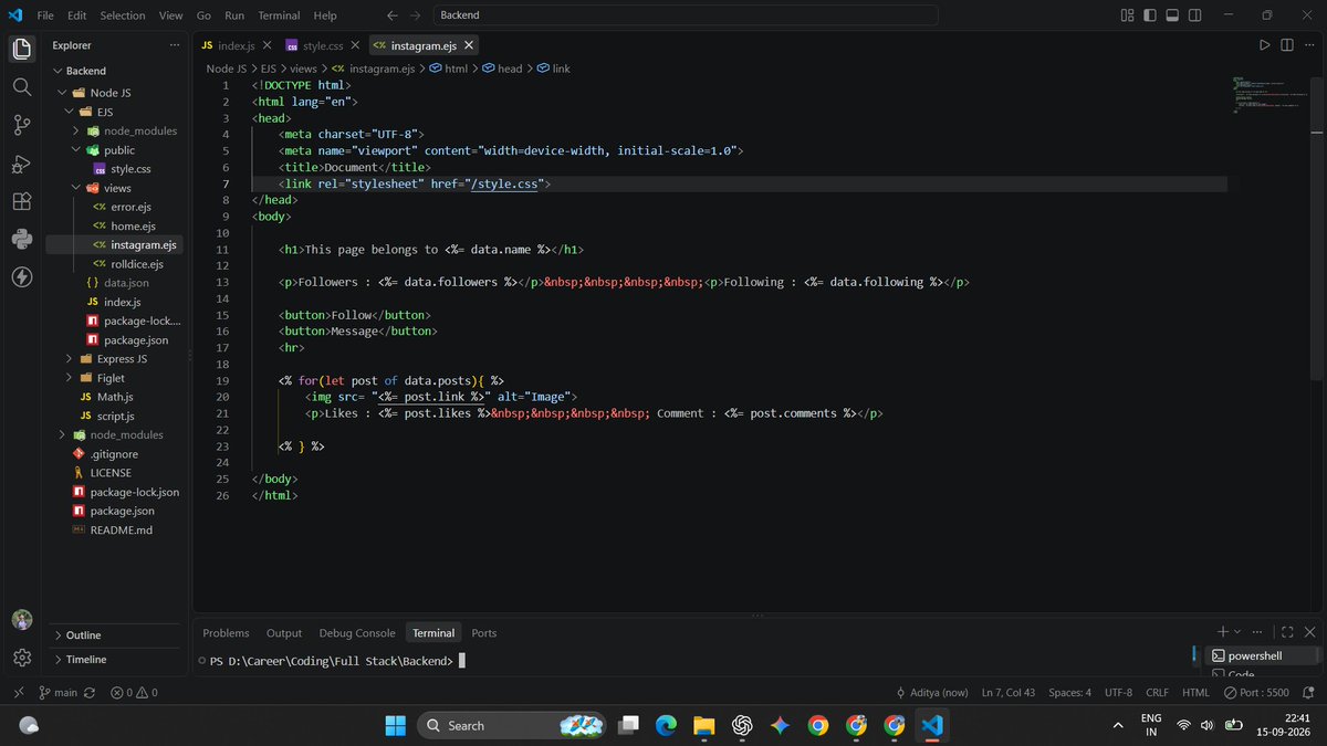 __Aditya_Ch__'s tweet photo. Day 7 of learning backend
✅Instagram demo
✅Serving static files
#LearningJourney
#LearninginPublic
#Backend
#EJS https://t.co/0n9Czth5xj