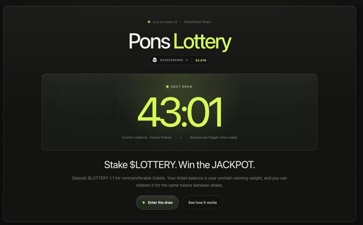 Ponslottery's tweet photo. The most provable Lottery on @RobinhoodCrypto powered by @DiceProtocolRNG is back with a clean chart:

https://t.co/4lZEd0IN4C https://t.co/ACbaNbm0IX