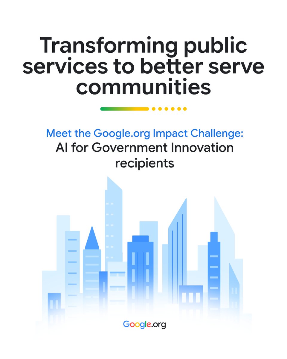 A title card with text that reads, "Transforming public services to better serve communities. Meet the Google.org Impact Challenge: AI for Government Innovation recipients." A light blue illustration of a city skyline is at the bottom above the Google.org logo.