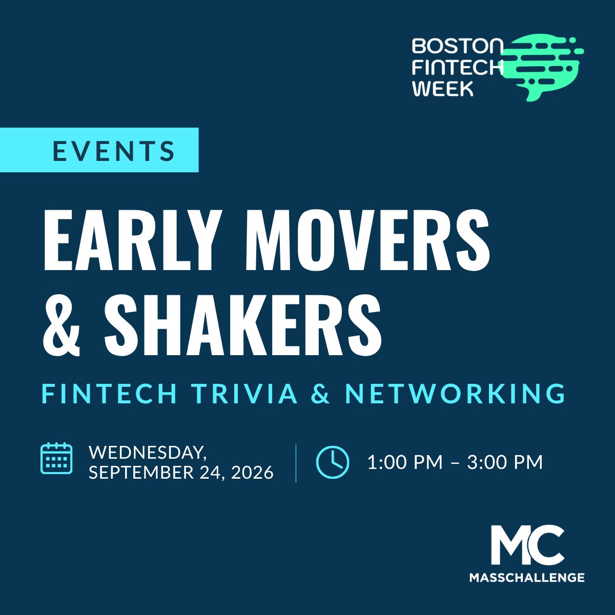 MassChallenge's tweet photo. Join us Sept. 24 for Early Movers &amp; Shakers, bringing Boston’s early-career fintech community together for trivia, friendly competition + new connections.

Part of #BostonFinTechWeek.

👉 Request to join: https://t.co/UEDM3Bv75M https://t.co/HKKg6DpIqB