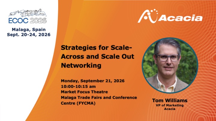 AcaciaComms's tweet photo. Acacia’s Tom Williams will be discussing AI architectures at #ECOC26. Come see his Market Focus presentation on 9/21. #ScaleAcross #scaleout #CoherentPluggables #ClientOptics https://t.co/GquNZmMCRy
