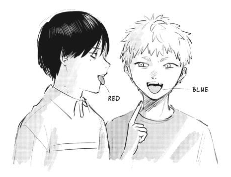 sapphicrui's tweet photo. yoshikaru being purple in the new art alluding to the mixture of blue and red is so good..... as the prophecy foretold they will make out soon🙏🙏🙏 https://t.co/FenS7igx7T
