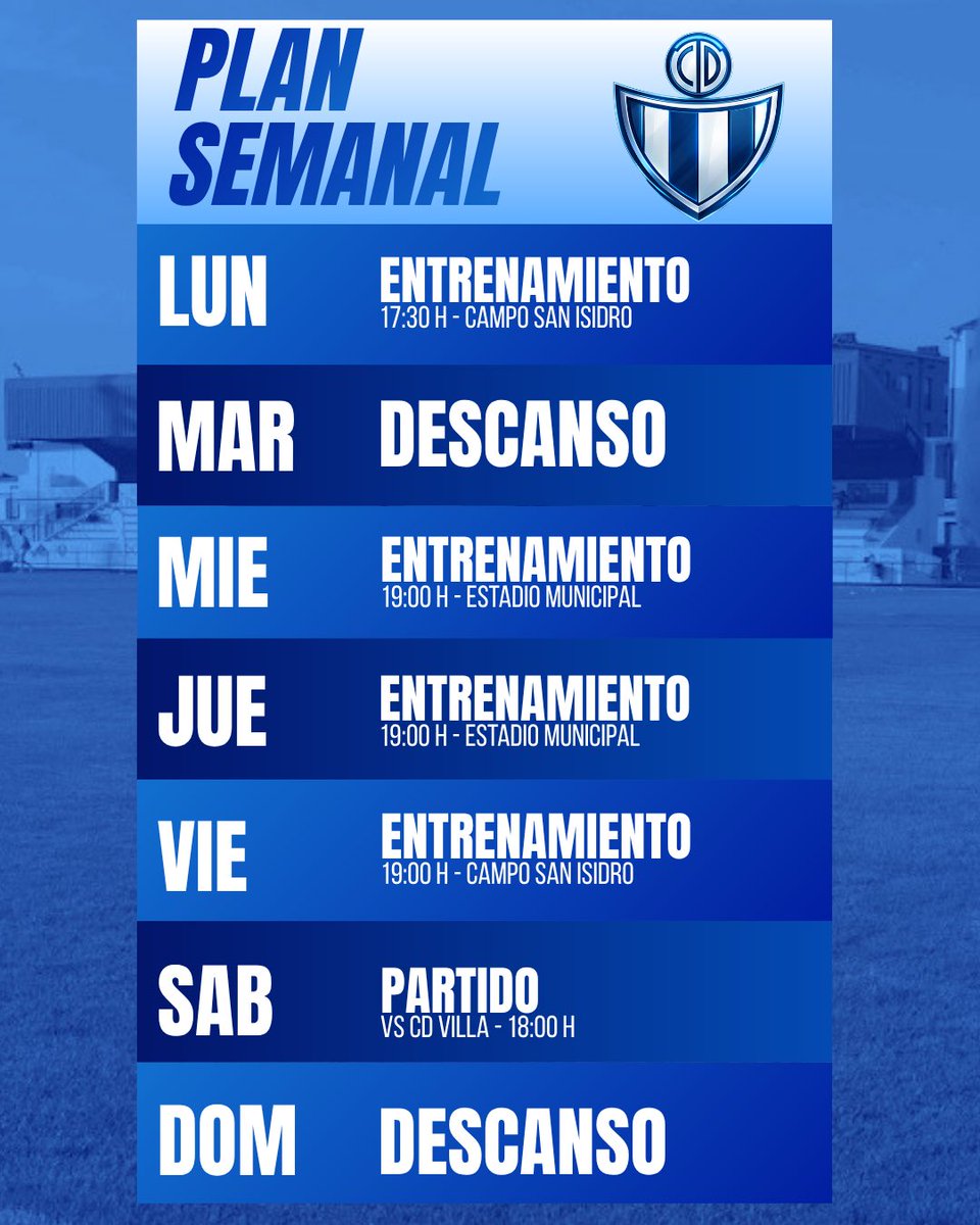 CDTarancon's tweet photo. 🔵⚪ PLAN SEMANAL | CD TARANCÓN ⚪🔵
💪 Nueva semana, nuevo objetivo. Trabajo, compromiso y ambición para preparar nuestro próximo desafío. ⚔️
📅 SÁB | 🆚 CD Villa | 18:00 H
🔥 ¡Seguimos trabajando!
💙 ¡Vamos Tarancón!
#VamosTarancon #OrgulloCDT #SomosAzules https://t.co/cZ12b4zX38