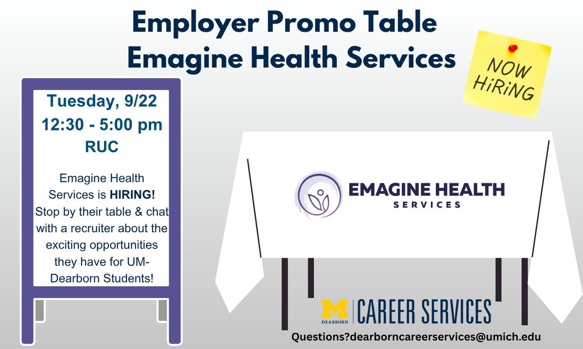 UMDearborn_CS's tweet photo. 🚀 Emagine Health Services is HIRING! 

Stop by the  Promo Table to meet with a recruiter, explore exciting career opportunities, and learn more about what it’s like to work with Emagine Health Services. 💼  Come say hello, ask questions, and discover what opportunities they have https://t.co/xwMg8bqeRz