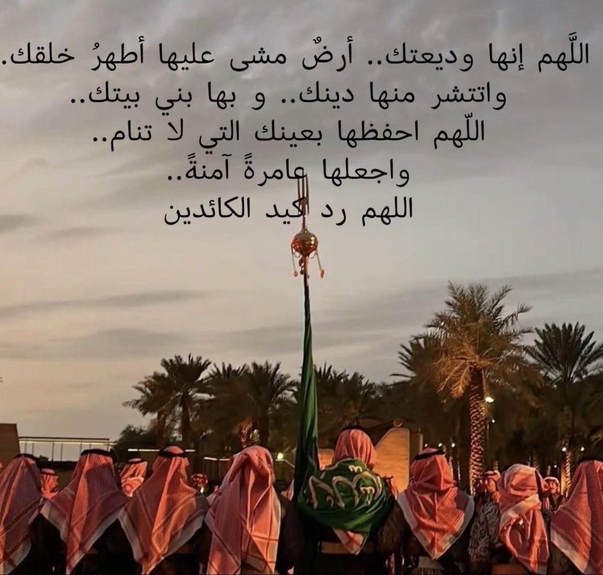Me3tazzah's tweet photo. قصّة كتبها الرمل عشق و ترانيم
                         على سطور العز قصة قديمة
أرضٍ رفعها الله عن الأرض تكريم 
                        واختص بيته بين ركن و حطيمه
أنْزَل حروفه في (تبارك) و (حٰٓ ميم)
                          على رسوله لجل أمة عظيمة
أرضٍ ثراها النور ويشيلها الغيم
                        و تشيلها كل الهقاوي الكريمة 
ريحٍ تِيَمَّم به مْزونٍ مرازيم
                          يا علّها من فوق سبعٍ مقيمة
على ديار (آل السّعود) الشغاميم
                           أحيا بهم ربي عظامٍ رميمة

نجلا المحيّا (معتزّه)