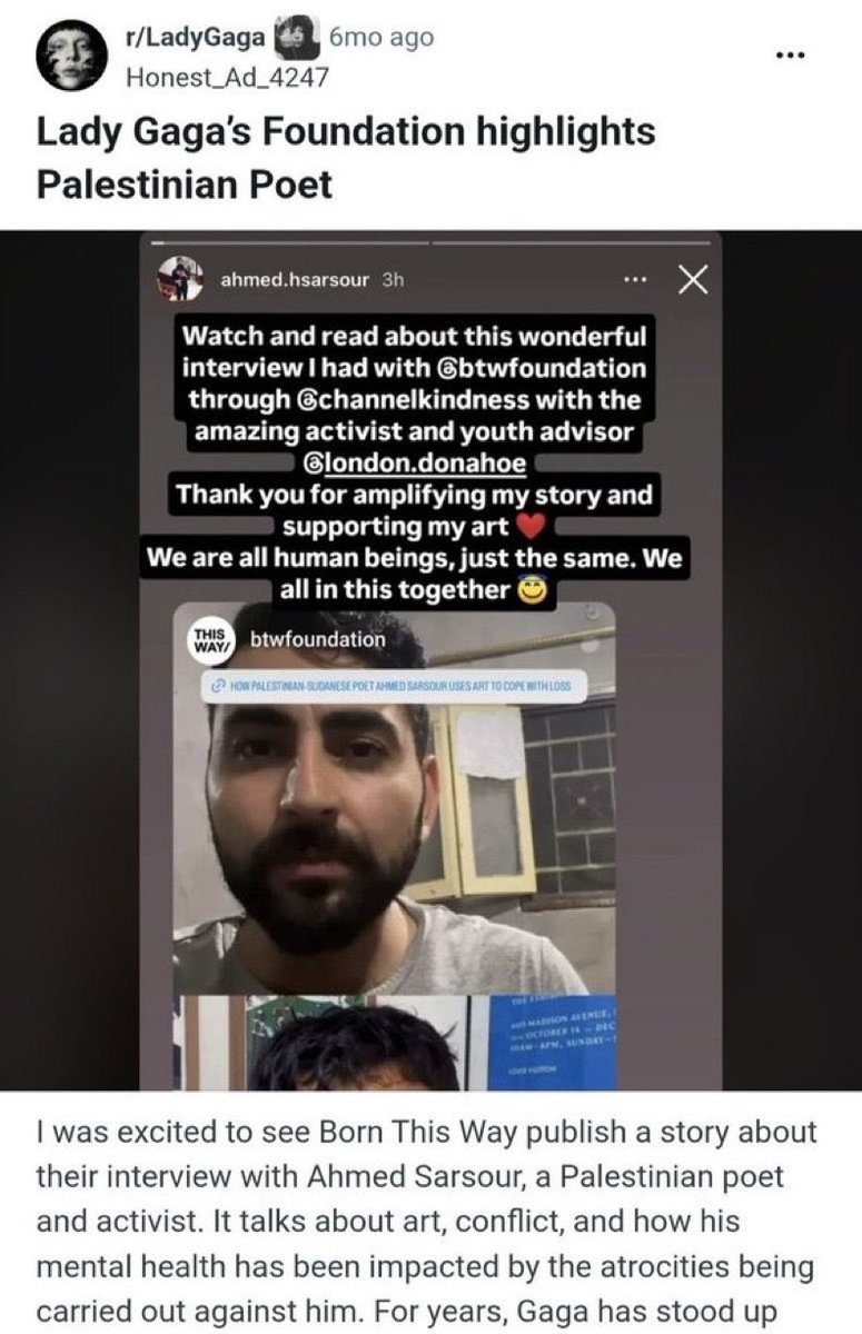 babyloniaan's tweet photo. Lady Gaga using her own foundation to amplify the voice and story of a Palestinian refugee. But sure, let’s keep pretending random corporate connections tell us more about her beliefs than what her own foundation actually chooses to platform. https://t.co/YlVWBLnJpY