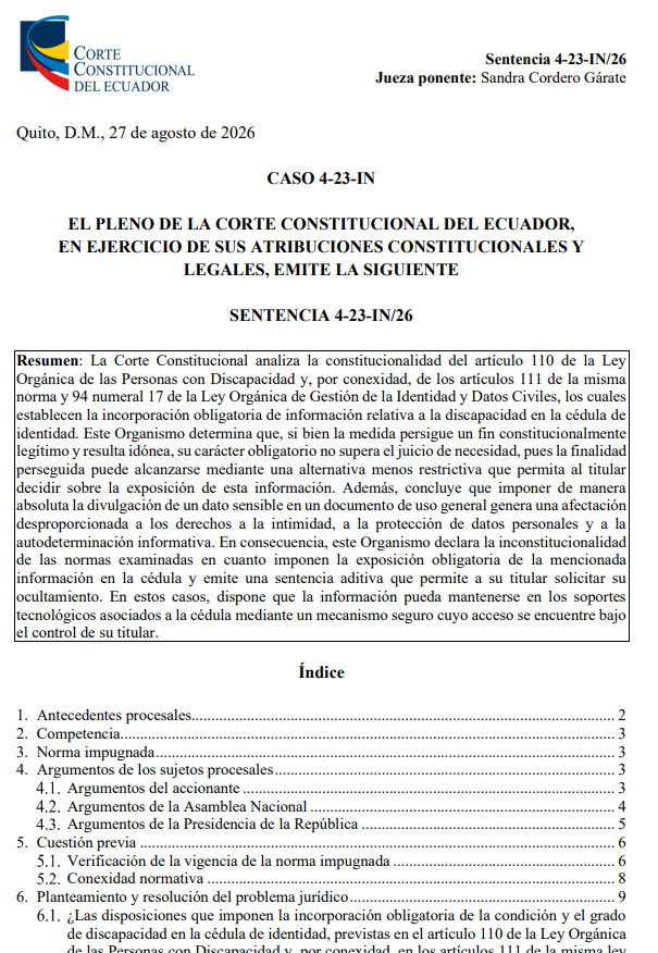 vandocilla's tweet photo. La @CorteConstEcu acepta la INCONSTITUCIONALIDAD ADITIVA del artículo 110 de la Ley Orgánica de Discapacidades y del artículo 111 de la Ley Orgánica de Personas con Discapacidad y el artículo 94 numeral 17 de la Ley Orgánica de Gestión de la Identidad y Datos Civiles, comparto personalmente con la lógica del voto salvado del juez Jorge Benavides Ordóñez, pero es un avance en la protección de los datos personales de las personas con discapacidad.
Como @ApadaAso participamos con un amicus curae explicando la discriminación indirecta que producía esas normas al exhibir en la cédula, sin consentimiento, la condición de discapacidad de las personas.