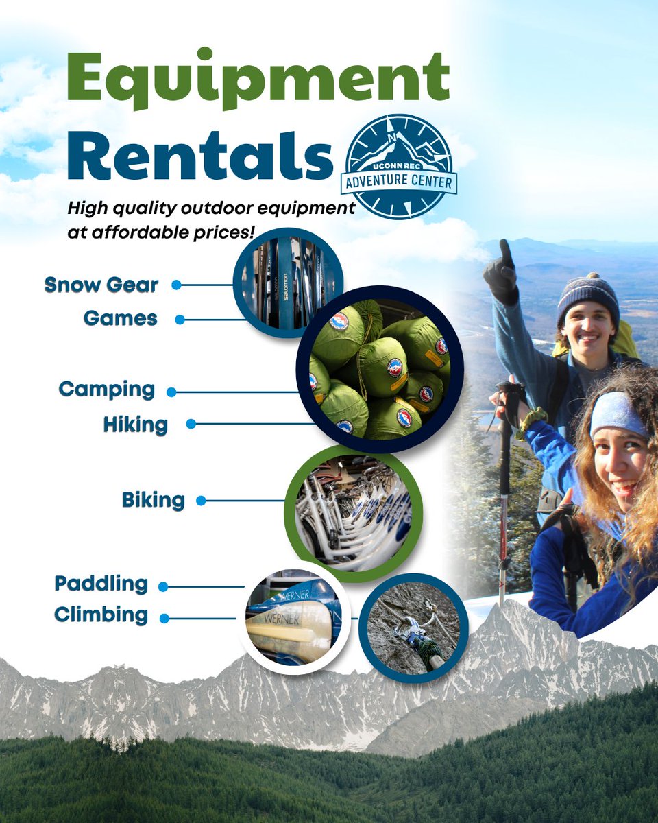 UConnRec's tweet photo. Adventure starts now! 🥾🌲🏕️

Check out our Adventure Center’s equipment rentals at: https://t.co/0kdBdVfIr1 https://t.co/PaofYTPfmo