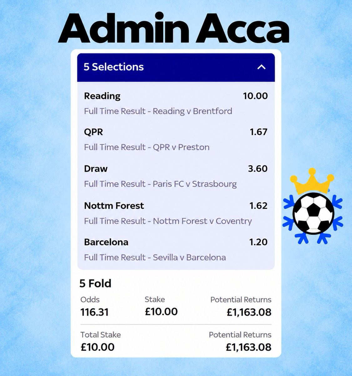 AccaFreezeTips's tweet photo. My acca freeze slips for tonight

Willem II (15.0) - 19:00 KO
Ipswich (9.0) - 20:00 KO
Reading (10.0) - 20:00 KO
Elche (13.0) - 20:30 KO
 
#betting #bettingtips #acca #accatips #accafreeze #skybet #football https://t.co/RnqkVDn5Cl