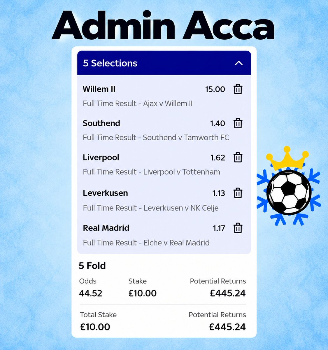 AccaFreezeTips's tweet photo. My acca freeze slips for tonight

Willem II (15.0) - 19:00 KO
Ipswich (9.0) - 20:00 KO
Reading (10.0) - 20:00 KO
Elche (13.0) - 20:30 KO
 
#betting #bettingtips #acca #accatips #accafreeze #skybet #football https://t.co/RnqkVDn5Cl