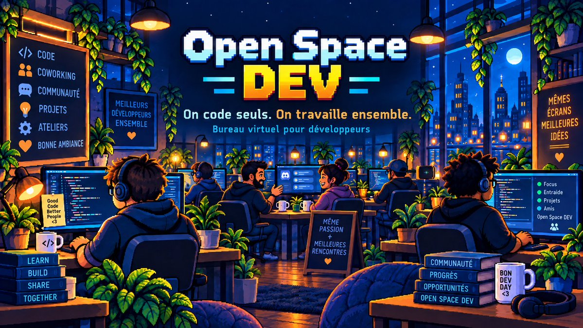 SebDevLab's tweet photo. 🚨 Ouverture du Discord : Open Space DEV

Tu codes seul chez toi ?
Moi aussi.

Alors j’ai créé Open Space DEV 🏢💻

Un bureau virtuel francophone pour les devs :
entraide, coworking, projets, ateliers, papotage, gaming… ou simplement un peu de compagnie pendant qu’on bosse.

Débutants comme confirmés sont les bienvenus.

On code seuls. On travaille ensemble. 💪

🔗 https://t.co/cE8tLVS0Ch⁠

Partagez un max 😉