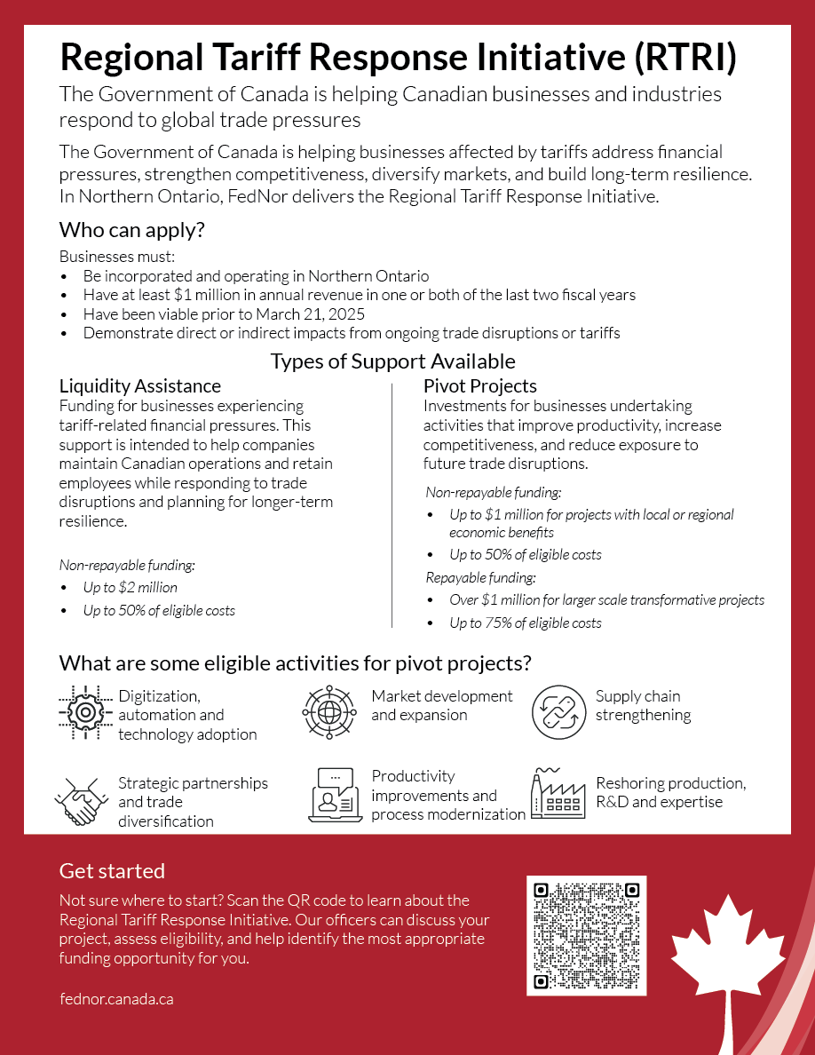 FedNor's tweet photo. Delivered in Northern Ontario by FedNor, RTRI helps businesses adapt to changing market conditions, provide liquidity support, strengthen competitiveness, diversify into new markets, and build greater trade resilience.  
 
Learn more – https://t.co/6D71O3vW4h
 
#FedNor #RTRI #GC https://t.co/ao97Q0eg34