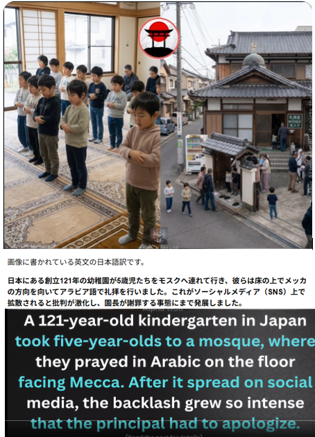 kireinahosozora's tweet photo. とっても驚いています！金沢市の木の花幼稚園は、5歳の子どもたちをモスクに連れて行きイスラム教の祈りをさせました。 男の子と女の子は別々の入口からモスクに入り、アッラーについて教えられ、メッカの方角に向かってアラビア語で一緒に祈りを捧げさせました。 
幼稚園はインスタで謝罪。 https://t.co/Vtputp3oxn