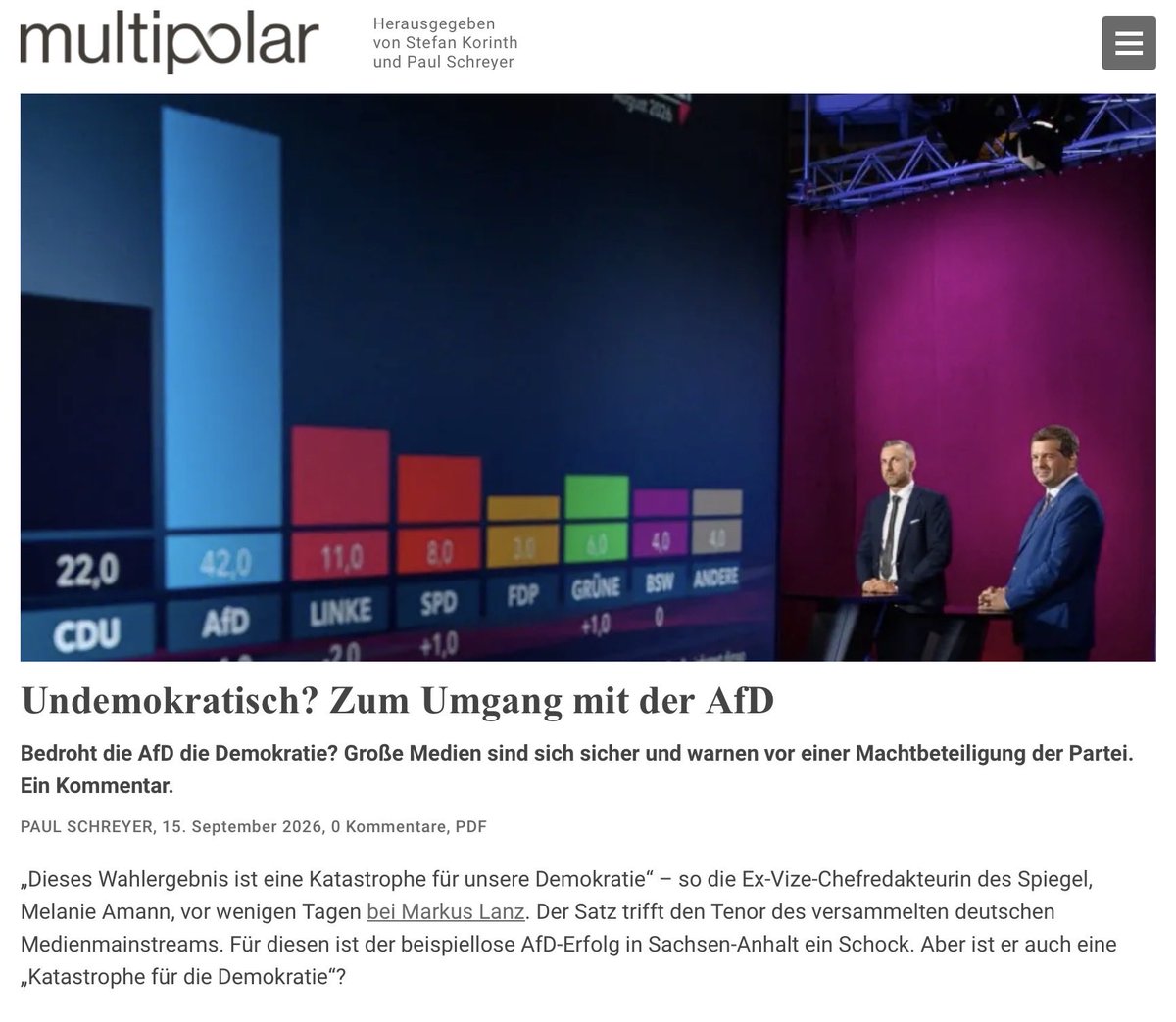 rosenbusch_'s tweet photo. Schreyer: 

“Eine Verfassungsfeindlichkeit der AfD damit zu belegen, dass die Partei die bestehende Ordnung kritisiere und deren „Institutionen und Vertreter verächtlich“ mache „um das Vertrauen der Bevölkerung in diese erodieren zu lassen“ – das erinnert an die Argumentation des kaisertreuen Staats- und Justizapparates Ende des 19. Jahrhunderts in dessen Kampf gegen die damals aufstrebende SPD. Seinerzeit waren es die Sozialdemokraten, die das etablierte Machtgefüge aufmischten. Mit Bismarcks berüchtigten Sozialistengesetzen von 1878 ließen sich politisch kritische Texte wegen „sozialistischer Bestrebungen“ verbieten, sofern sie auf einen „Umsturz der bestehenden Staats- oder Gesellschaftsordnung“ abzielten und die angebliche „Eintracht der Bevölkerungsklassen“ gefährdeten. 

Die aufrührerische Oppostion stört den gesellschaftlichen Frieden – so klingt es auch heute wieder.”

https://t.co/LCp8XC5F7F