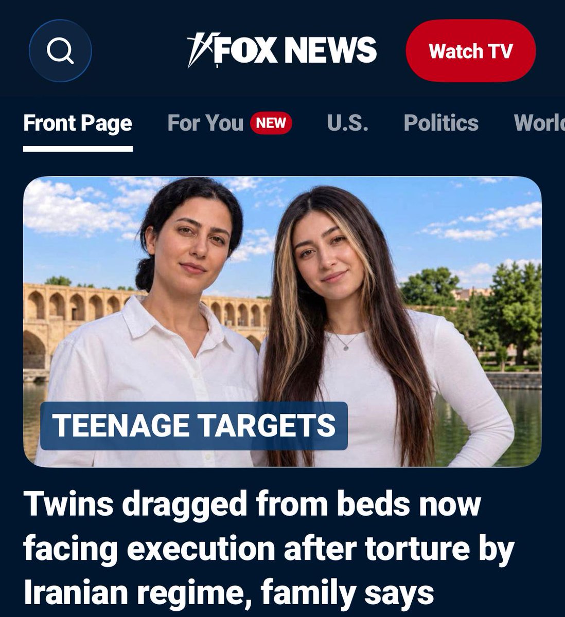 EfratLachter's tweet photo. Look at their faces.
Taraneh and Romina Rahimi are 20-year-old twin sisters. They were arrested after joining anti-regime protests in #Iran.
Taraneh has been sentenced to death. Romina faces decades in prison.
Their family says they were tortured in custody - beaten, dragged by their hair and held in solitary confinement.
More than 900 people were executed in Iran in the first seven months of 2026. Behind the numbers there are people- like these two young women with a mother waiting for them to come home.
Link to our story on @FNCGlobalNews in the first comment.