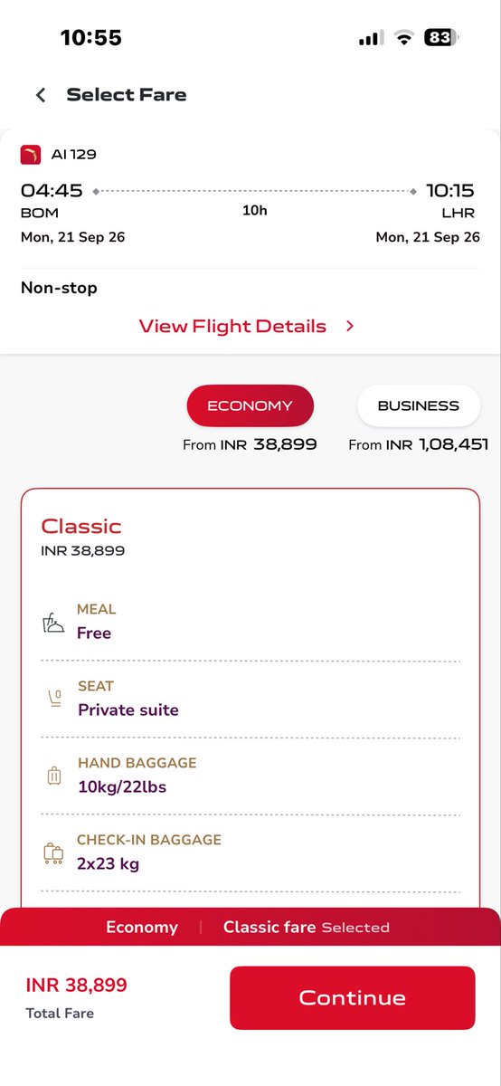 janaktoprani's tweet photo. @airindia Sir as of today too if I try to book a similar economy ticket on the same date your site offers private suite for economy fare.  PFA the screenshot.  Care to explain why in my case post booking the offer is not honoured? @airsewa_MoCA @DGCAIndia https://t.co/BpGyOWISYa