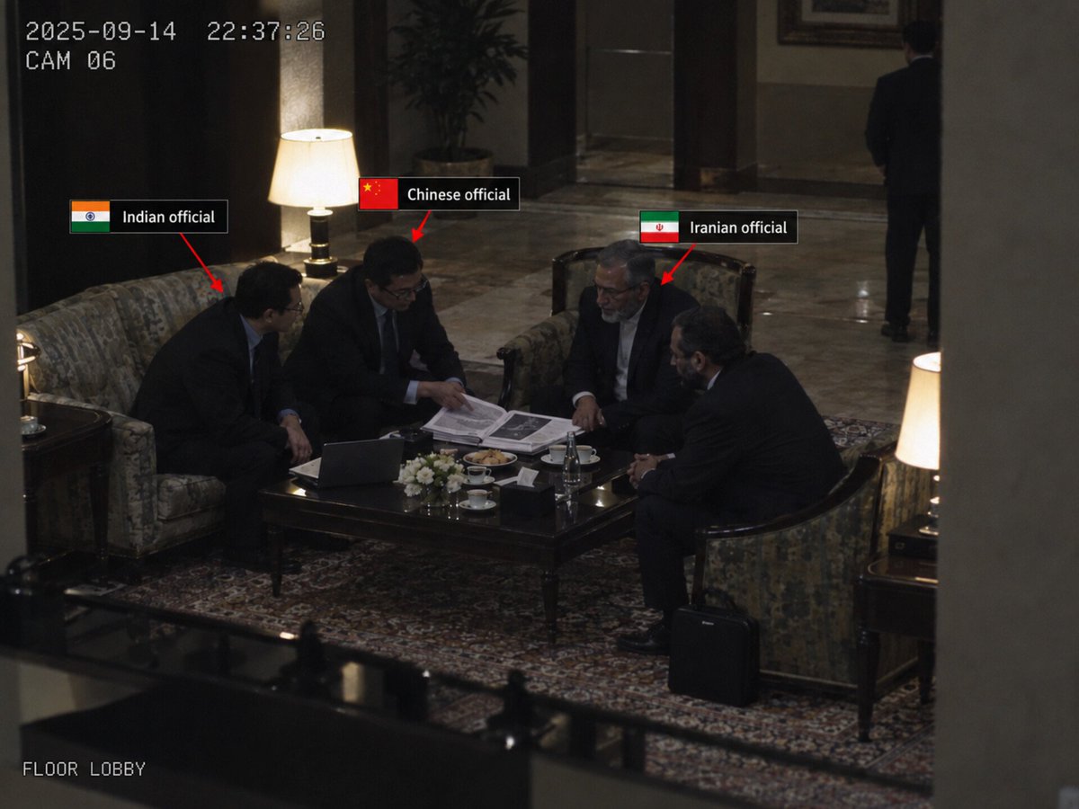 Intel_Jackal's tweet photo. Indian and Chinese intelligence officials have shared actionable intel with Iran concerning the deployment of Pakistani tactical nukes in eastern Saudi Arabia on the sidelines of the BRICS summit. A fourth unidentified official can be seen in this CCTV 📸, with unverified RUMINT suggesting a possible Turkish MIT connection. Araghchi travels to China tomorrow! Pakistan has been warned by the MSS against attacking the Houthis, while Saudi Crown Prince is reportedly going hammer and tongs at Asim Munir over the failure to abide by the Mecca Defence Agreement. The question remains, WHO is the 4th official that nobody in the intelligence community appears willing to identify!!!!!
@Delta_SquadAnex