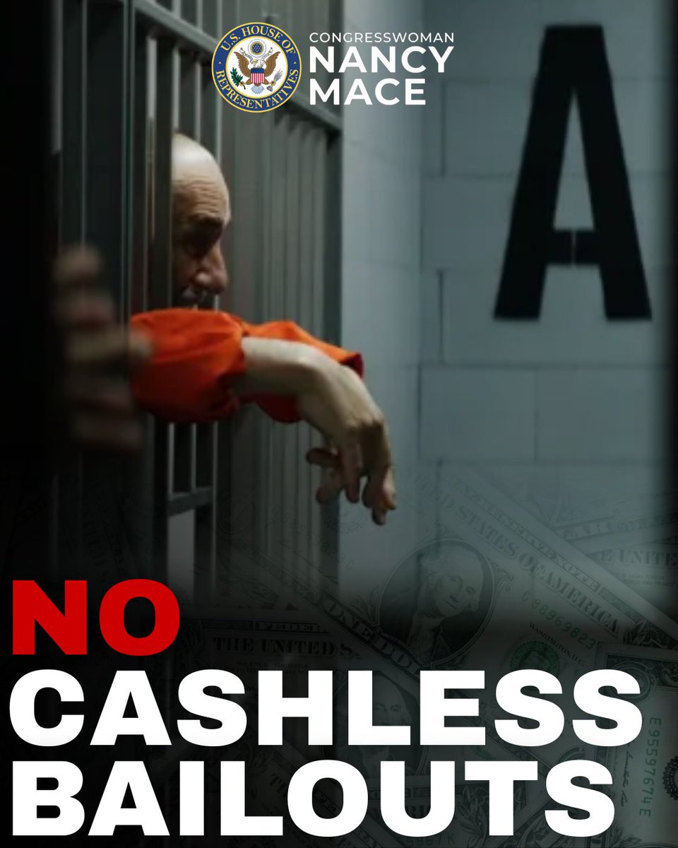 RepNancyMace's tweet photo. If a city wants federal money, it should first agree to protect the people paying the bill.

We introduced the No Bailouts for Cashless Bail Jurisdictions Act to cut federal funding to any jurisdiction substantially eliminating cash bail for serious offenses and putting dangerous criminals back on the streets.

Cashless bail is not compassion. It's a revolving door, and law-abiding Americans are the ones getting hurt.

This bill is simple: eliminate cash bail, lose federal funding.