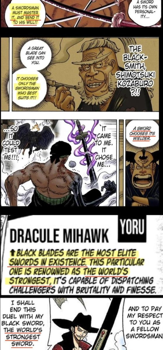 _ZODIACg's tweet photo. "I’m just saying: Swordsmen like Mihawk are gonna have strong CoC, but for them CoC won’t play a massive role in the way of a swordsman like CoA does."

@WorstGenHQ bro, can you clarify what kind of swordsmen you’re actually talking about?? And how did you reach to the conclusion that mihawk is different from every other swordman?? Assuming you're also referring to Zoro in "swordsmen like Mihawk," do you genuinely think CoC won’t play a massive role in his case?? Okay, let’s discuss how egregiously retarded this statement actually is lmao.

1. Zoro’s biggest power up till now was King of Hell, and that was him exerting CoC unconsciously. In Elbaf, ACoC is gonna be the most important and biggest power up that Zoro will get.

2. Zoro’s willpower ever since the start of the series has been on par with Luffy's, which has been pointed out by numerous characters.

3. Ashura, which is by far one of the most mysterious power ups in One Piece, is literally a demon god that Zoro manifests through his "willpower." Kaido was able to sense Zoro’s CoC only after Zoro used Ashura, which basically confirms it’s a huge bulk of CoC that Zoro uses.

4. Every blade has a will of its own, and they choose the wielder fit for them to bend them to their will. CoC is absolutely required because that’s the fundamental power needed to bend something to your will. Zoro in Wano almost died while taming Enma, which is nothing compared to Supreme Grade blades, which in-verse would be even more cursed than Enma because they’re stronger, making them comparatively more difficult to tame. And those are absolutely nothing compared to Yoru, which is literally THE strongest blade in existence. Nobody except Mihawk can wield it, which already proves his CoC is essentially stronger than any sword user’s in the past and the present.

5. Mihawk never said "Armament" Haki is required for Black Blades lmao. What he said are two different things. He told Zoro his swords wouldn’t have broken if they were infused with Haki, and said every weapon can be turned black, not everyone can make a Black Blade, but every weapon can be turned into one. If Armament was truly the only thing needed to make a Black Blade, why would Oda deliberately hide it?? 🥺

6. Oda focusing on his CoC before giving him a bb essentially confirms ACoC is by far THE most important part in making one. 

#ONEPIECE1193