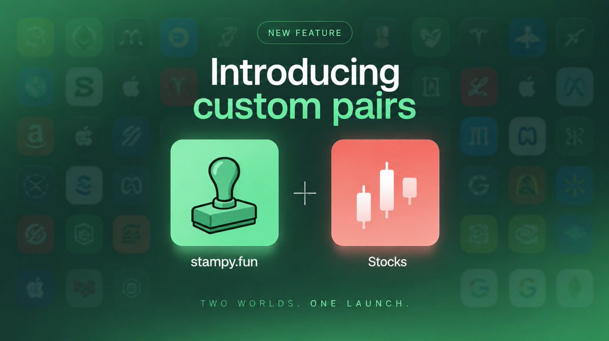 stampyfun's tweet photo. Introducing Custom Pairs on Stampy.

You’re no longer limited to a single pairing.

Launch a https://t.co/SSVPdG5gRc token and choose what sits on the other side, memecoins, tokenized stocks, or other supported assets.

Pair your coin with $TSLA. Pair it with $GME. Pair it with another memecoin.

Your token. Your pair. Your market.

Live on https://t.co/7nGHVEH5E4.