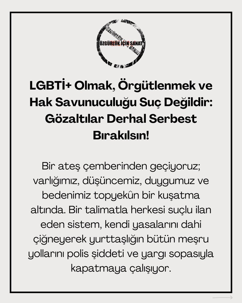ozgur_sanat_'s tweet photo. LGBTİ+ Olmak, Örgütlenmek ve Hak Savunuculuğu Suç Değildir: Gözaltılar Derhal Serbest Bırakılsın! https://t.co/uV7XZrvQR7