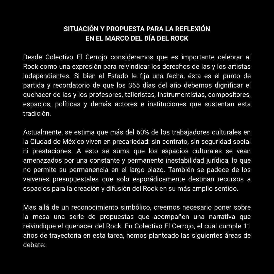 cerrojotuits's tweet photo. SITUACIÓN Y PROPUESTA PARA LA REFLEXIÓN EN EL MARCO DEL DÍA DEL ROCK @BrisenoMX @Mx_Diputados @Congreso_CdMex https://t.co/sUvOyGwPUC