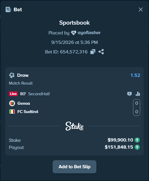 OnlyHighRoll's tweet photo. ayoflasher just posted Single Bet 

⚽ Genoa - Sudtirol
💸 Stake: $99,900.10
✖️ Odds: 1.52
🏆 Est. Payout: $151,848.15
💲 Bet on https://t.co/XfHCjjTfKE https://t.co/pGXbktph25