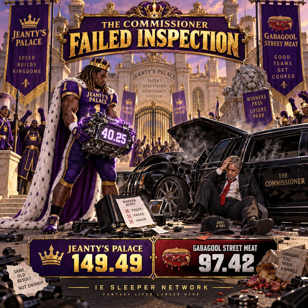 iESleeperr's tweet photo. Jeanty’s Palace 149.49, Gabagool Street Meat 97.42

The Commissioner Has Been Placed on Administrative Leave

The commissioner spent the entire offseason behaving like the general manager of a global superpower.

He made trades. He accumulated draft picks. He acquired Drake Maye and George Pickens. He selected Jeremiyah Love first overall. He assembled one of the deepest rosters in the league. He commissioned enough propaganda graphics to qualify Gabagool Street Meat as a small media conglomerate.

Then Week 1 arrived, and Gabagool scored 97.42 points.

Jeanty’s Palace scored 149.49.

The commissioner did not lose a fantasy matchup. He held a ribbon-cutting ceremony for his new empire and watched the fucking building collapse.

Kenneth Walker Arrived Alone

Kenneth Walker scored 40.25 points, accounting for more than 41% of Gabagool’s total production.

He ran. He caught passes. He scored touchdowns. He performed CPR on the roster. He contacted emergency services. He did everything except physically enter the commissioner’s account and change the lineup himself.

The other seven Gabagool starters combined for 57.17 points.

Sources close to Walker say he left the stadium furious and asked management whether “Street Meat” referred to the opposing defense or the quality of his supporting cast.

The organization declined to comment.

The Commissioner’s Offseason Weapons Were Mostly Decorative

Gabagool’s three keepers—Drake Maye, Tetairoa McMillan and George Pickens—combined for 29.22 points.

That is not catastrophic until you remember these were the players featured in months of motorcades, private jets, press conferences and breaking-news graphics.

Maye scored 12.32. Tetairoa added 10.80. Pickens contributed 6.10.

The commissioner spent the offseason introducing them like the Avengers. In Week 1, they performed like three men selected for jury duty.

One source close to the organization defended the trio:

“Chemistry takes time. Also, please stop asking how much draft capital we spent.”

Kyle Pitts Submits a Perfect Attendance Sheet

Kyle Pitts started at tight end and scored 0.00 points.

He was technically present, which appears to be the full extent of his contribution.

Pitts ran onto the field, participated in organized football activities and successfully avoided producing any measurable fantasy value. It was less a performance and more an elaborate confirmation that his uniform fit.

League investigators initially believed the zero might be a Sleeper error. After reviewing the evidence, they confirmed that Pitts had simply done absolutely fuck-all.

Jake Ferguson scored 3.10 on the bench, meaning Gabagool’s alternative option was technically 310% more productive.

The Receiver Room Holds a Staff Meeting

George Pickens, Davante Adams and Jameson Williams combined for 20.65 points.

Matthew Golden scored 17.10 by himself from the bench.

The commissioner built one of the league’s deepest receiver rooms, then selected several of its least productive members to represent the organization publicly.

Brian Thomas Jr. added 7.15 from the bench, while Golden’s 17.10 watched Davante Adams produce 5.75.

Sources describe the receiver meeting as “productive,” although nobody could identify what exactly was produced.

One team official reportedly began the meeting by saying:

“The good news is we have depth. The bad news is Kyle keeps starting the wrong fucking depth.”

Kyle Monangai Watches the Motorcade Drive Away Without Him

Kyle Monangai scored 25.80 points on the bench.

Gabagool started Jeremiyah Love, who produced 13.40. Love was not bad, but Monangai nearly doubled his total while sitting safely away from the lineup.

The commissioner’s bench included Monangai and Golden, who combined for 42.90 points. That was more than every Gabagool starter except Kenneth Walker—and Walker only beat them by 2.65.

This is the downside of roster depth: it provides additional opportunities to publicly select the wrong people.

According to a source familiar with the situation, Monangai was asked why he did not board the commissioner’s pregame motorcade.

“They told me there wasn’t room,” he said. “Apparently Kyle Pitts needed two seats.”

Jeanty Remains Inside Jeanty’s Palace

One of the league’s ten bold predictions said Jeanty’s Palace would trade Ashton Jeanty and be forced to change its name.

Jeanty responded by scoring 34.80 points and helping the Palace defeat the commissioner by 52.07.

Chris Olave added 31.75. Nico Collins scored 21.75. Mike Evans contributed 17.65.

The Palace did not merely protect its name. It engraved it into the commissioner’s forehead.

Jeanty’s ownership has reportedly filed paperwork to extend the name through 2045 and rename the road outside Gabagool’s facility 149.49 Boulevard.

Baker Mayfield Tried to Make This Competitive

Jeanty’s Palace started Baker Mayfield, who scored 10.74, while Jayden Daniels produced 21.76 on the bench.

That mistake left 11.02 points unused.

It did not matter.

The Palace could have started a traffic cone at quarterback and still defeated Gabagool. In fact, the traffic cone would have scored only 10.74 fewer points than Baker and probably received fewer angry messages from ownership.

Jeanty’s potential total was 162.16. The Palace won comfortably while leaving its better quarterback on the bench, which is the type of flex generally reserved for people who park across two spaces.

Independent Investigation Opened Into the Commissioner

League owners are reportedly demanding answers about Gabagool’s offseason operations.

Among the questions submitted:

Why did the commissioner score fewer than 100 points?
Why were 42.90 points sitting on the bench?
Why did Kyle Pitts remain in the lineup after apparently entering another dimension?
How many graphics were produced per actual touchdown?
Can the commissioner investigate himself?
If so, will he find himself innocent?
Was the motorcade purchased with league dues?

The commissioner has denied wrongdoing and appointed himself chairman of the investigative committee.

Early reports indicate he expects complete exoneration.

Sources Close to the Organization Begin Leaking

One source described the postgame locker room as “Kenneth Walker sitting silently while fourteen other people avoided eye contact.”

A second source said the commissioner delivered an emotional speech about patience, roster construction and the dangers of overreacting to one week.

A third source said the speech ended when somebody pointed out that the opponent had nearly reached 150.

Another person familiar with Gabagool’s thinking insisted major changes were unlikely:

“Kyle believes in the roster. He may alter the starters, pursue a trade, fire an assistant, change the facility locks and commission three comeback graphics—but there will be no overreaction.”

The Motorcade Has Entered the Shop

Gabagool’s offseason motorcade was designed to symbolize power, access and the commissioner’s aggressive roster reconstruction.

After Week 1, it is parked outside Jeanty’s Palace with smoke coming from the engine and Kyle Pitts sitting silently in the passenger seat.

Kenneth Walker is attempting repairs. Monangai and Golden are standing nearby with the tools, wondering why they were not invited earlier.

The Palace guards have placed a parking ticket beneath the windshield wiper.

Amount due: 52.07 points.

Final Verdict: The Offseason Champion Is 0–1

Gabagool has talent. Walker looked dominant. Maye, Tetairoa, Pickens, Love, Golden, Monangai and Brian Thomas Jr. provide legitimate long-term upside.

That is the responsible conclusion.

The correct league conclusion is that the commissioner spent months constructing the Death Star and forgot to install the fucking laser.

The season is not over. But after one week, Gabagool is 0–1, ranked tenth and officially under investigation by the media operation it controls.

#IESleeperKeeper