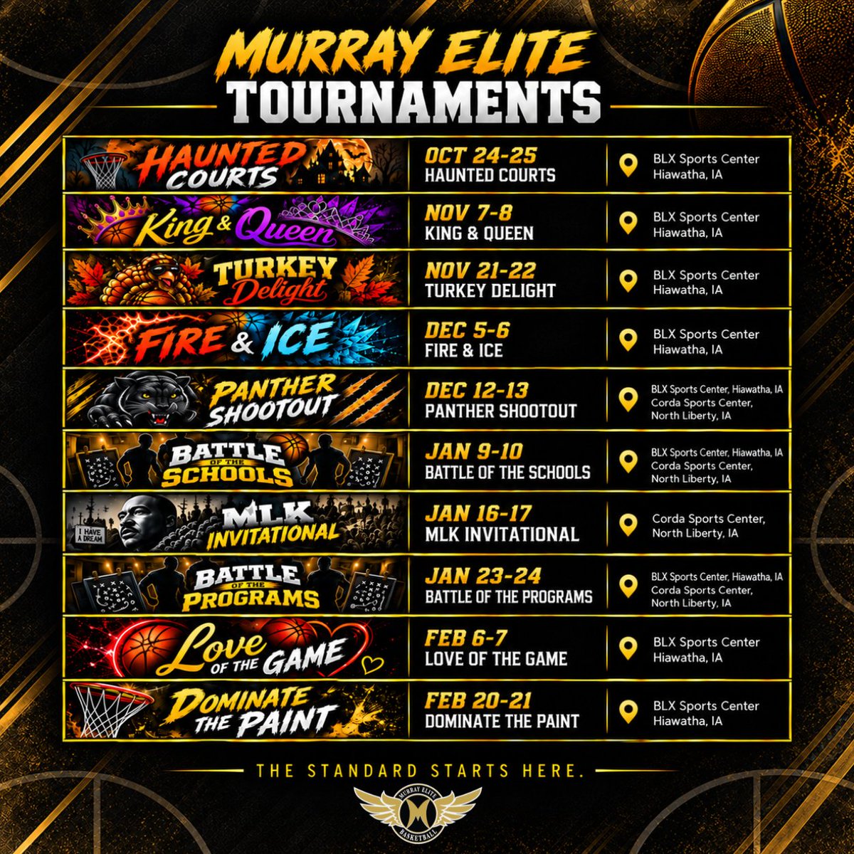 MurrayElite's tweet photo. TOURNAMENT SEASON IS HERE! 🏀

Murray Elite is excited to announce our upcoming 2026–27 tournament lineup!

We’re looking forward to hosting competitive, well-run events for teams from across the region.

Whether you’re looking for a fun weekend of basketball or a chance to test your team against quality competition, we’d love to have you join us.

👻 HAUNTED COURTS — October 24–25
💰 $25 OFF when you register by October 1st!

Promo Code - Haunted25

Multi-team discounts are also available. If you’re bringing multiple teams from your program and are interested in a discounted registration rate, reach out to Mike O’Neill at m.oneill0427@outlook.com.

📅 Check out the tournament dates and get your teams registered!

Tag your coaches and teammates and spread the word!

#MurrayElite #MurrayEliteBasketball #YouthBasketball #BasketballTournament #IowaBasketball #HauntedCourts #TournamentSeason