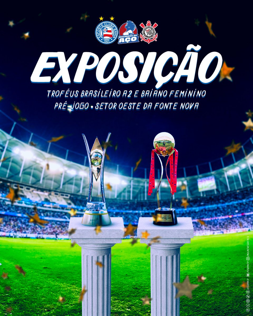 ecbahia's tweet photo. 🙋🏽‍♀️ Estamos caminhando pra bater o recorde de público da história do futebol na Bahia e quem comparecer à decisão de hoje na Fonte poderá interagir com as taças do título nacional das #MulheresDeAço e a última do Estadual, torneio em que somos os atuais hexacampeões. Compareça você também! #BBMP