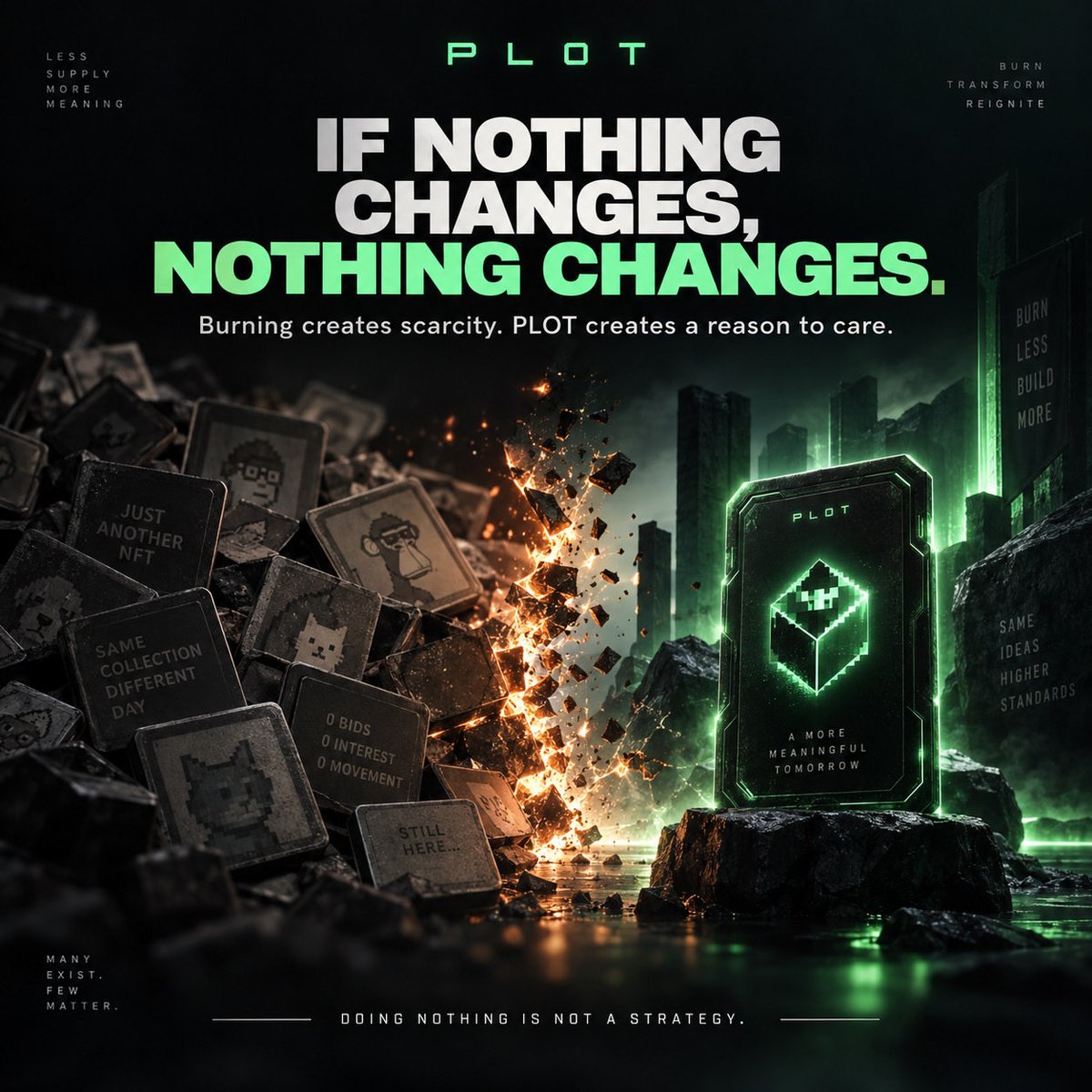 LuciferCrypt's tweet photo. I’ll make this as simple as possible, folks.

Right now, most of these NFTs have very little market and almost no demand @CryptTCG @Emile0x1908 @4040Hex 

If nothing changes, that stays the same.

The burn is me trying to change that.

Take NFTs that currently have very little going on around them, remove a large chunk of supply 80%+ , and turn them into something new inside PLOT that actually has a reason to be used.

That does not guarantee value.

But we’ve already seen what can happen when a low priced asset suddenly gets scarcity, attention, and a real reason for people to care.

Look at StonkerBonkers.

That went from nothing almost to around 12 ETH each.

Different project. Different outcome. No guarantees.

But the lesson is obvious

Something has to happen.

Because doing nothing is not a strategy.

And this is the bit I don’t think people are fully understanding:

The potential upside is mainly for the people holding these NFTs some of you have held since 2023, and it’s now 2026.

The extra work is mainly mine.

So if nobody actually wants the burn or PLOT opened, I’m not going to force it.

But if we leave everything exactly as it is now, don’t expect these NFTs to magically become worth something on their own.

I know not everyone likes me saying things plainly, but that’s where we are.

A lot of you have held for a long time. Some of you have swept floors. Some of you backed this properly.

So I’ll be honest

If I had NFTs sitting in a wallet that currently weren’t worth much, and I had the chance to burn them into something new that at least had a real shot of becoming more valuable, I’d be paying attention.

And now over to you 🤝 @Plot_fun