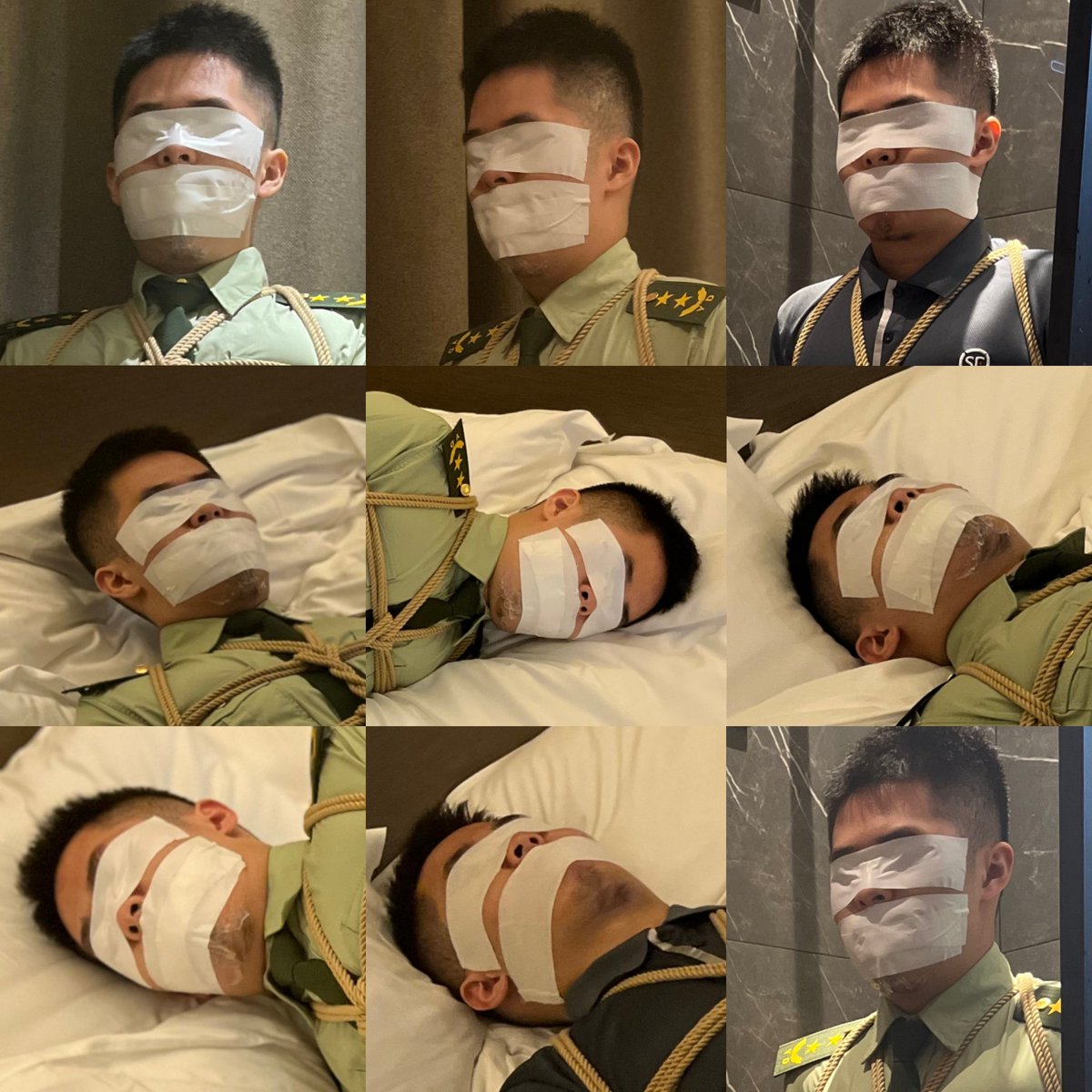 elctrcy's tweet photo. 军官被下属强行用脏臭袜塞进嘴里里堵得严严实实，又用白色胶布死死缠住双眼，感官尽失
下属拍下他无助挣扎的模样做成合集，记录这被完全封闭感官的样子

m :@likarzz https://t.co/yWKIdMrZpC