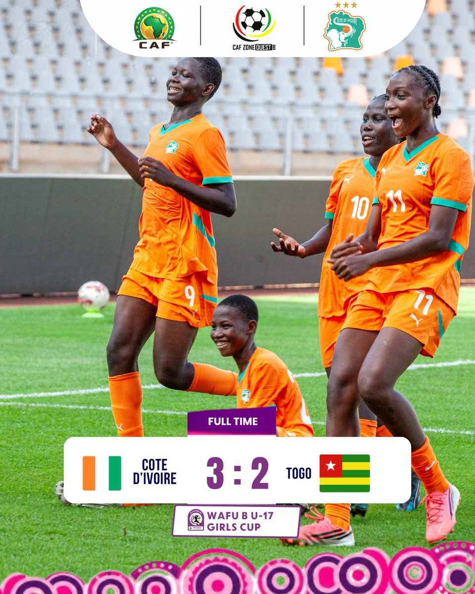 CafZoneOuestB's tweet photo. 🔥 FULL‑TIME – OPENING MATCH!
🇨🇮 Côte d’Ivoire 3–2 Togo 🇹🇬
The Ivorians start their campaign with a strong and hard‑fought victory. A perfect opening win in the UFOA‑B U‑17 Girls Cup!
#UFOAB #U17Girls #CIV #TGO #WomenFootball #CAF
🔥 FIN DU MATCH D’OUVERTURE !
🇨🇮 Côte d’Ivoire 3–2 Togo 🇹🇬
Les Éléphantes U‑17 démarrent la compétition avec une victoire intense et pleine de caractère. Un premier succès qui lance parfaitement leur Coupe UFOA‑B U‑17 Filles !
#UFOAB #U17Girls #CIV #TGO #FootballFeminin #CAF