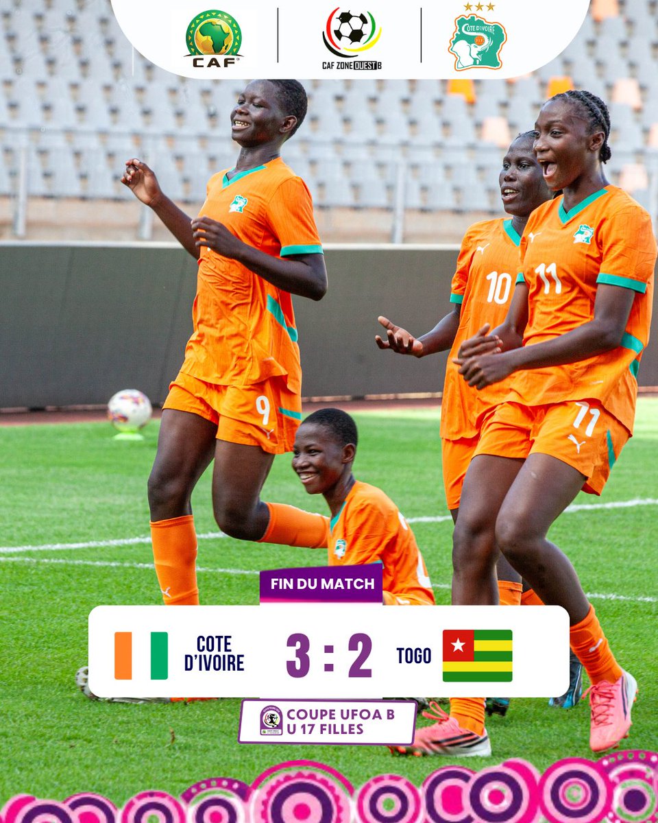 CafZoneOuestB's tweet photo. 🔥 FULL‑TIME – OPENING MATCH!
🇨🇮 Côte d’Ivoire 3–2 Togo 🇹🇬
The Ivorians start their campaign with a strong and hard‑fought victory. A perfect opening win in the UFOA‑B U‑17 Girls Cup!
#UFOAB #U17Girls #CIV #TGO #WomenFootball #CAF
🔥 FIN DU MATCH D’OUVERTURE !
🇨🇮 Côte d’Ivoire 3–2 Togo 🇹🇬
Les Éléphantes U‑17 démarrent la compétition avec une victoire intense et pleine de caractère. Un premier succès qui lance parfaitement leur Coupe UFOA‑B U‑17 Filles !
#UFOAB #U17Girls #CIV #TGO #FootballFeminin #CAF