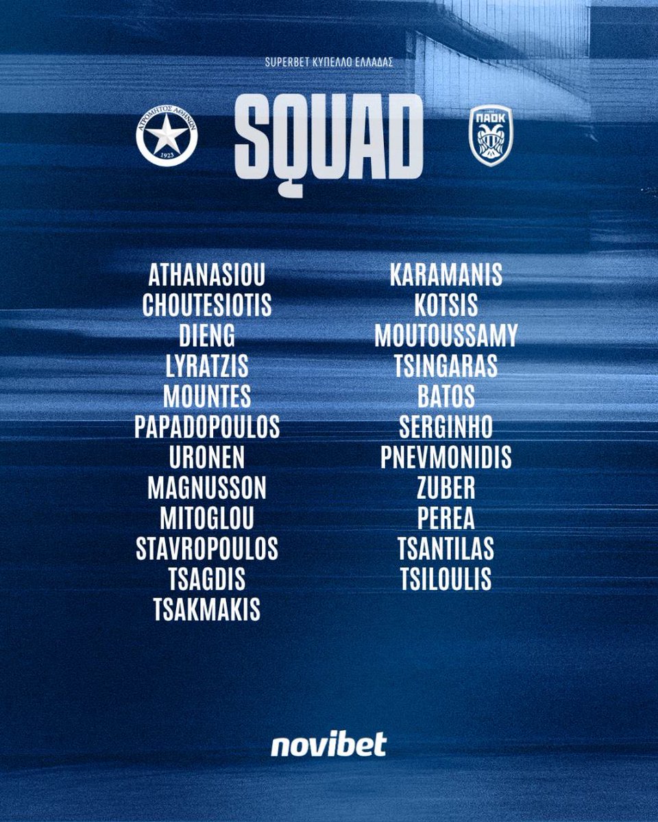 atromitos1923's tweet photo. Squad list 🔵⚪️
vs ΠΑΟΚ

🗓️ Τέταρτη 16 Σεπτεμβρίου 
⏱️ 20:00
🏆 Superbet Κύπελλο Ελλάδας 
🏟️ Δημοτικό στάδιο Περιστερίου 
Ατρόμητος - Αγγελος Ράμφος 
📺 OPEN TV

#atromitosfc https://t.co/u2WfIbfkLj