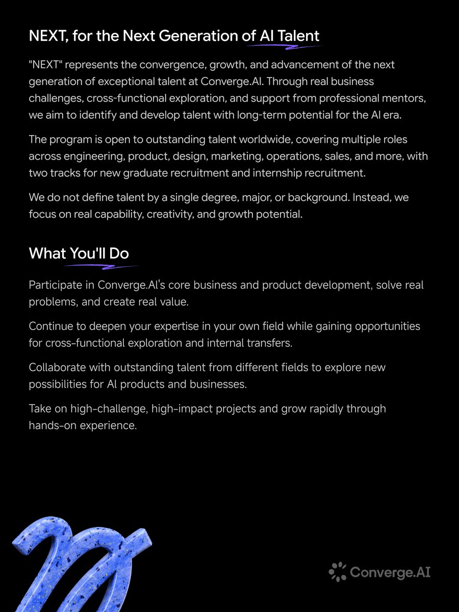 ConvergeAI_X's tweet photo. https://t.co/CU4rjS89om is now hiring our NEXT talent.🌍
🎓 New grads & interns
💼 R&D · Product · Design · Marketing · Operations · Sales & more
📍 Bay Area(US) · Singapore · China

📣 Rather build the next impactful AI product than watch it happen?
📩 careers@converge.ai        
      Subject: NEXT Program + Your Name
Learn more →https://t.co/uqPUc3h0j2

#ConvergeAI #NewGrad #Internship #AICareers #Hiring #AIAgents