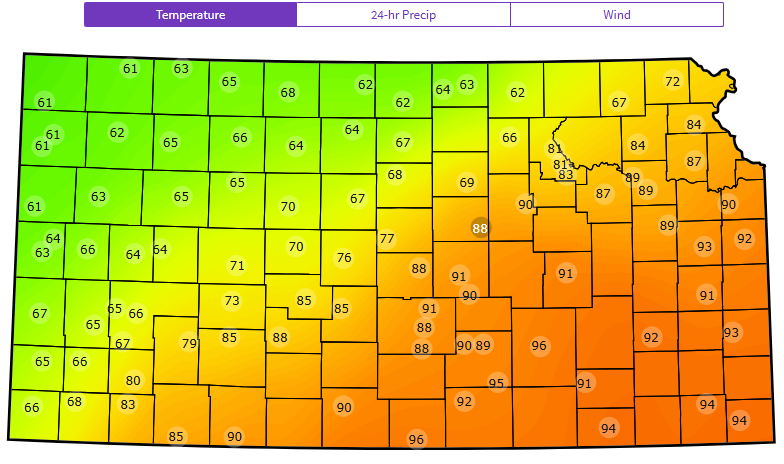 ksmesonet's tweet photo. Can you spot the cold front?? 🤔 From the low 60s across the northwest part of the state to the 90s in the southeast. #kswx https://t.co/IHLTAS81pZ