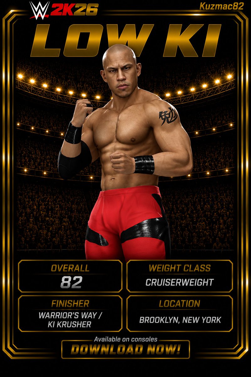kuzmac82's tweet photo. Low Ki is AVAILABLE NOW for consoles!!! Fully loaded with 4 classic attires. Moveset by the homie @BigRighteous. #KUZMAC82 #LOWKI #2KG https://t.co/Fq0BBLkNtP