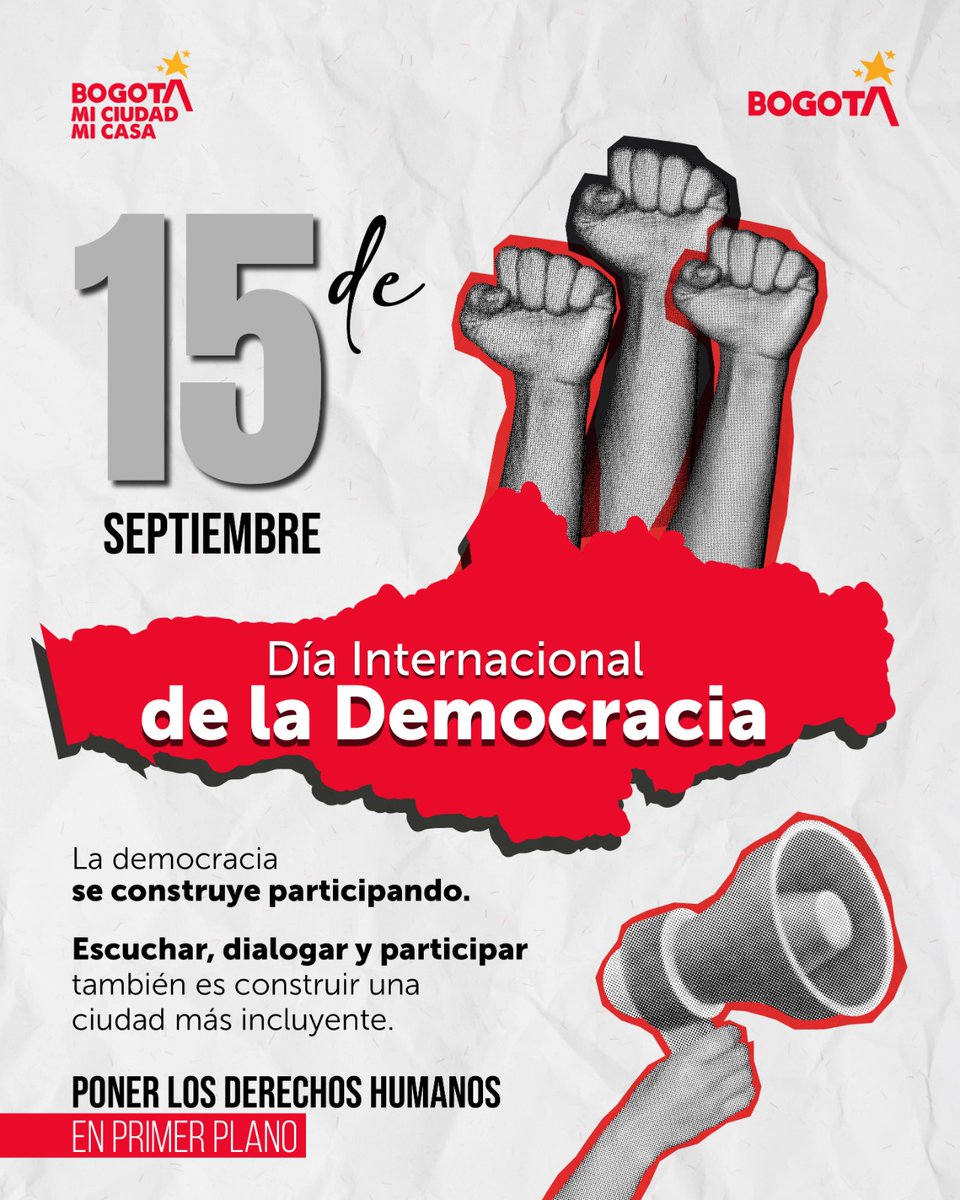 IDRD's tweet photo. 🗳️ 15 de septiembre | Día Internacional de la Democracia.

Tu voz, tus ideas y tu participación activa son los motores que transforman nuestra ciudad. 

Escuchar, dialogar y sumar voces activas es el camino para construir una Bogotá más incluyente, diversa y justa para todos. Hoy reafirmamos nuestro compromiso de poner los Derechos Humanos en primer plano y fortalecer los espacios donde tu opinión cuenta.

¿Cómo contribuyes tú a construir democracia día a día?
¡Cuéntanos en los comentarios! 💬👇

#Aquisipasa Bogotá, mi ciudad, mi casa.