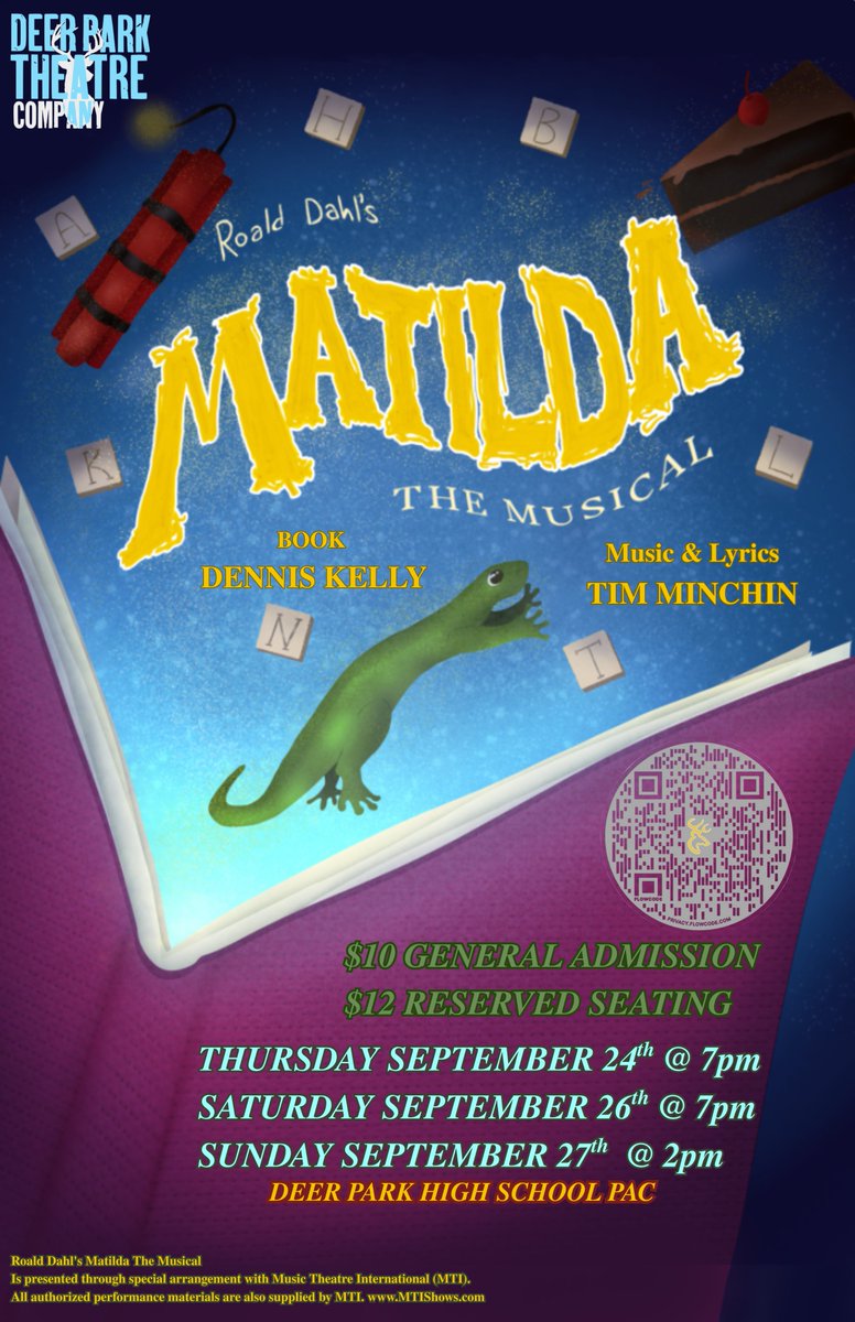 DPISD's tweet photo. Deer Park High School Theatre is presenting Roald Dahl’s Matilda the Musical!

Performances are scheduled for Sept. 24 and Sept. 26 at 7 p.m. and Sept. 27 at 2 p.m. at the DPHS Performing Arts Center. 

For tickets or more information, go to https://t.co/i9qSxf2O4a. https://t.co/jlN7ElVJTd