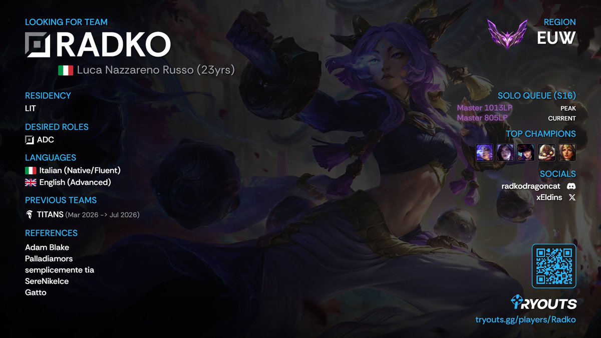 xEldins's tweet photo. after I played the Italian league promotion twice, I am LFT again.
I am looking mainly for minor erl 1 / major erl 2 opportunities, but I will consider everything.
@LoL_LFT https://t.co/883xngsHJs