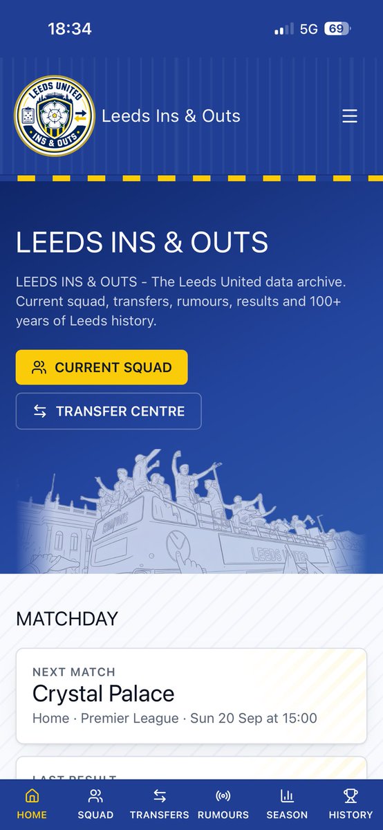 Brighterbeat76's tweet photo. Mobile optimised now, and able to be added to your phone’s Home Screen as a mobile app. Added a nice line drawing of a photo I took from the 2025 bus parade too 😎 #LUFC fans let me know what features you’d like on a Leeds fan website … https://t.co/tudnaUOuFb